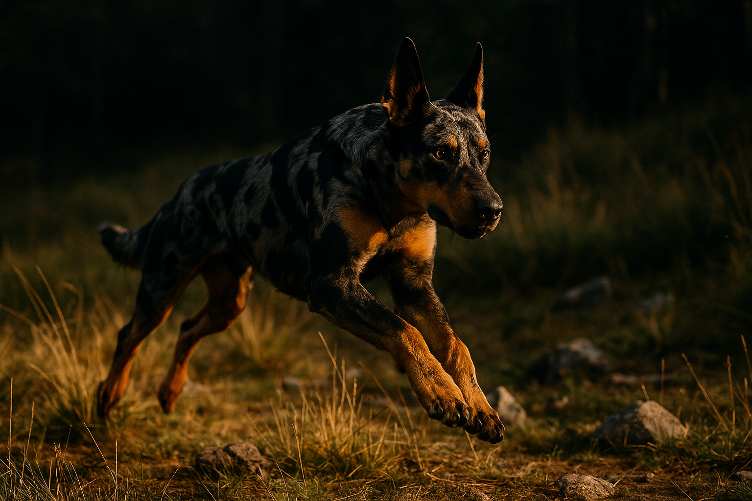 create a profession photograph with a 80mm lens of a harlequin Beauceron with cropped ears out in the wild running like a wolf. It needs to be bad ass and realistic. it need to be landscape 